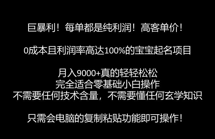 巨暴利，月入9000+的宝宝起名项目，每单都是纯利润，零基础都能躺赚【附软件+视频教程】-小北视界