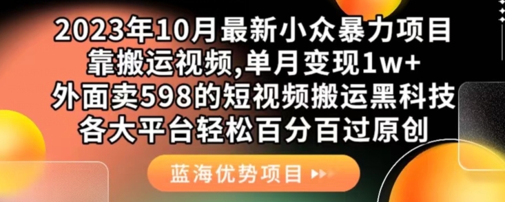 2023年10月最新小众暴力项目，靠搬运视频,单月变现1w+，外面卖598的短视频搬运黑科技-小北视界